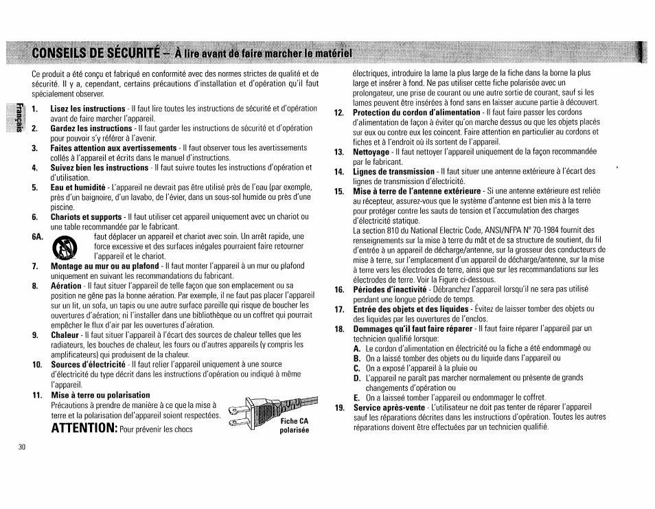 Mise à terre ou polarisation, Avant da faire marohar la matériel | Philips FW560C User Manual | Page 30 / 78