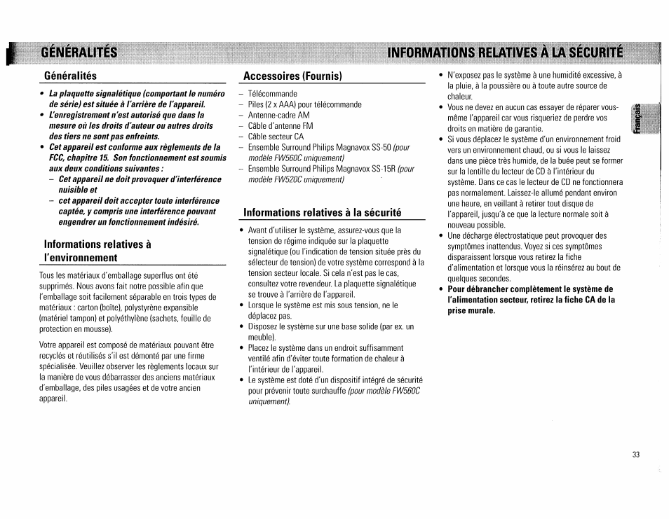 Généralités, Informations relatives à l'environnement, Accessoires (fournis) | Informations relatives à la sécurité | Philips FW560C User Manual | Page 33 / 78