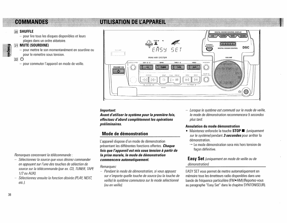 Shuffle, Mute (sourdine), Mode de démonstration | Annulation du mode démonstration, Commandes utilisation de l'appareil | Philips FW560C User Manual | Page 38 / 78