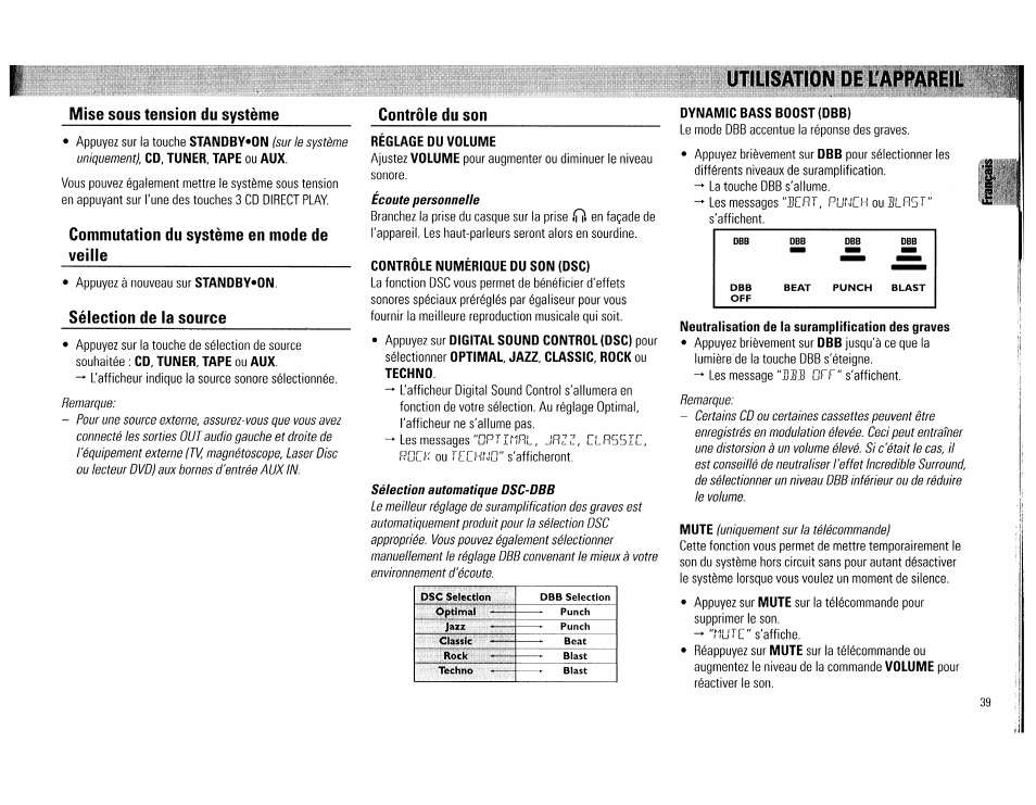 Reglage du volume, Contrôle numérique du son (dsc), Dynamic bass boost (dbb) | Neutralisation de la suramplification des graves, Utilisation de l'apparëil | Philips FW560C User Manual | Page 39 / 78