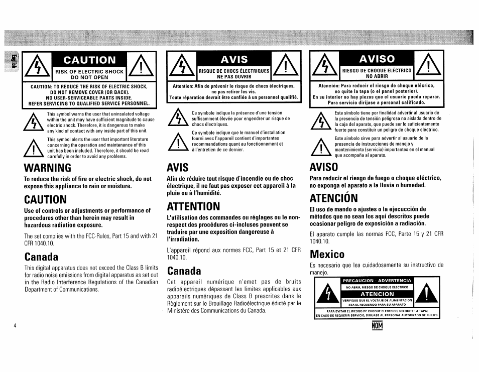 Caution, Avis, Aviso | Philips FW560C User Manual | Page 4 / 78