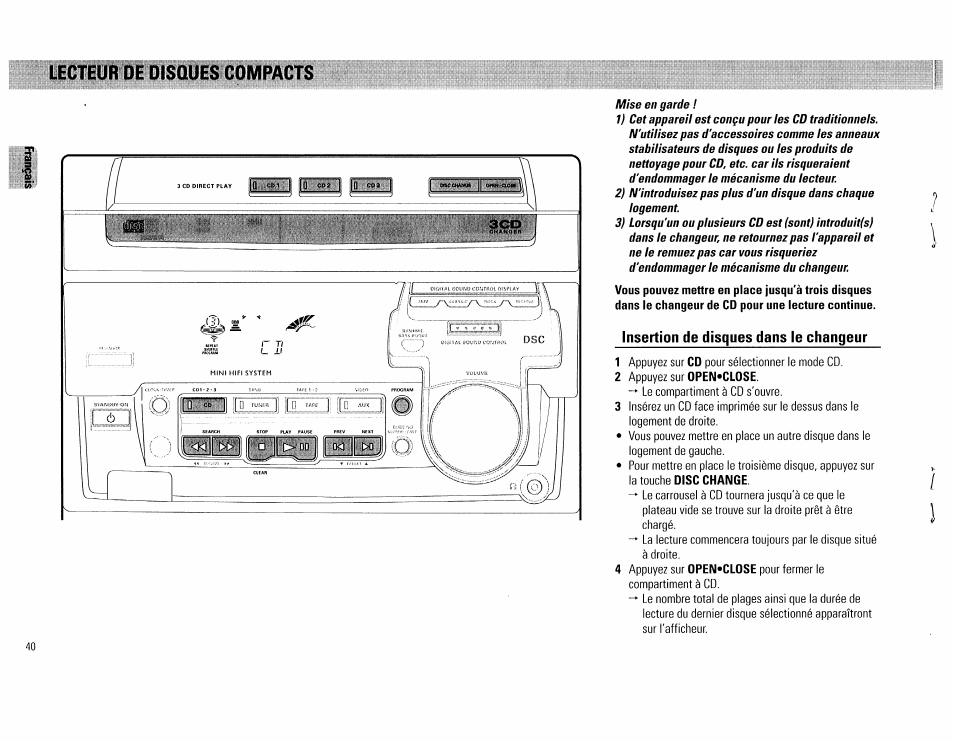 Insertion de disques dans le changeur | Philips FW560C User Manual | Page 40 / 78