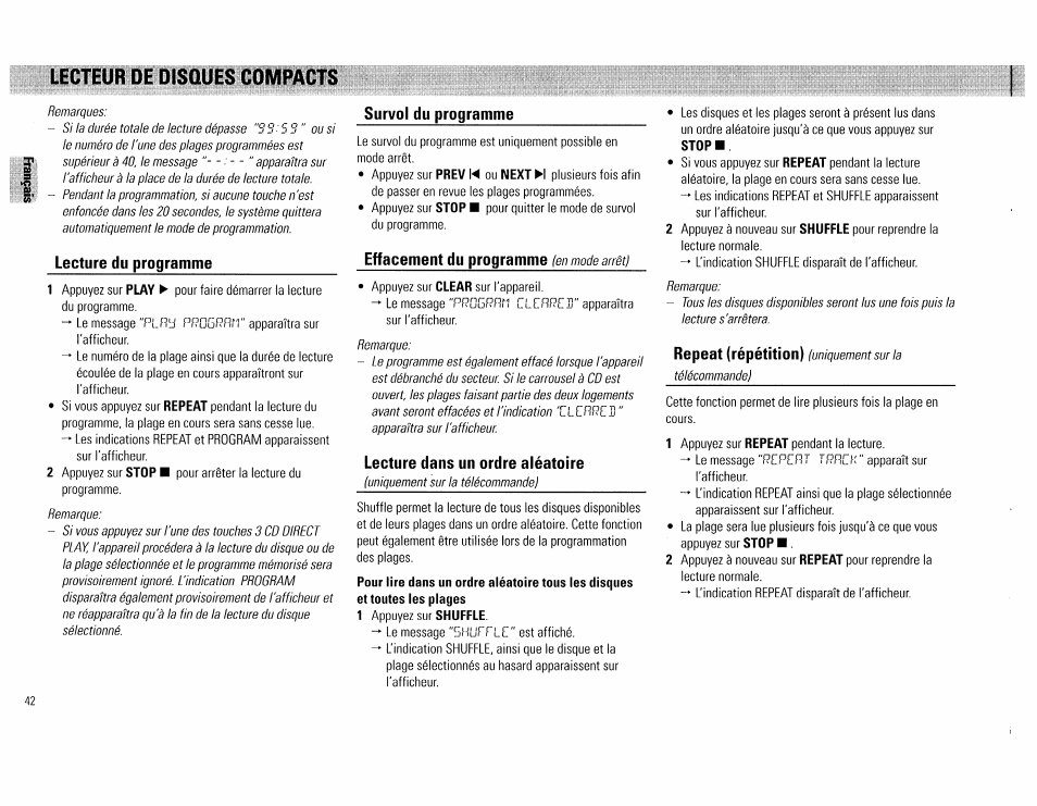 Lecture du programme, Survol du programme, Effacement du programme (en mode arrêt) | Lecture dans un ordre aléatoire, Lecteur de disques cdmpacts | Philips FW560C User Manual | Page 42 / 78