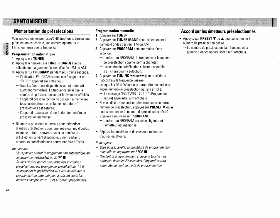 Mémorisation de présélections, Programmation manuelle, Accord sur les émetteurs présélectionnés | Syntoniseur | Philips FW560C User Manual | Page 44 / 78