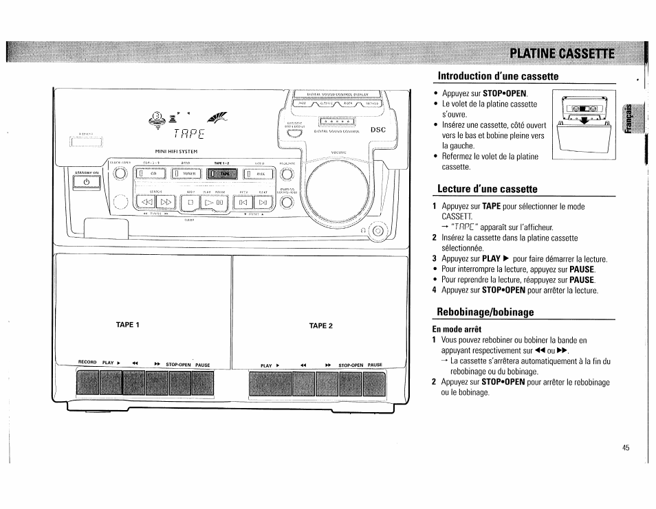 Introduction d'une cassette, Lecture d'une cassette, Rebobinage/bobinage | En mode arrêt, Ibrm>ì! ìétt'; “ i i | Philips FW560C User Manual | Page 45 / 78