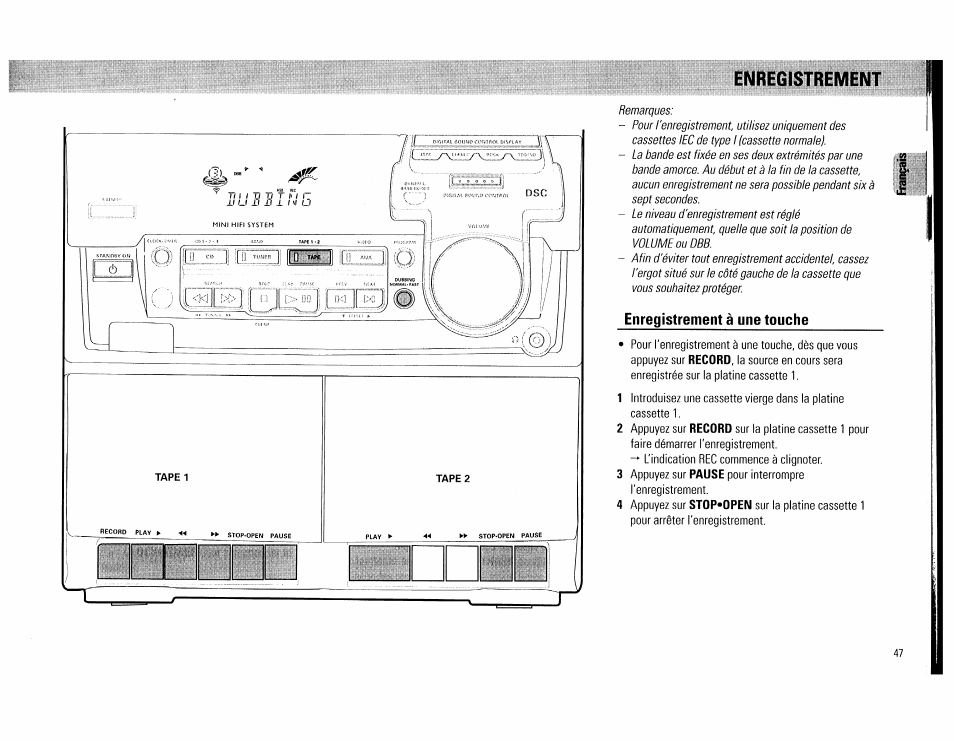 Enregistrement à une touche, Enregistrement | Philips FW560C User Manual | Page 47 / 78