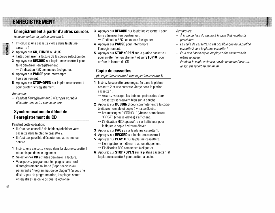 Enregistrement à partir d'autres sources, Synchronisation du début de l'enregistrement du cd, Copie de cassettes | Enregistrement | Philips FW560C User Manual | Page 48 / 78