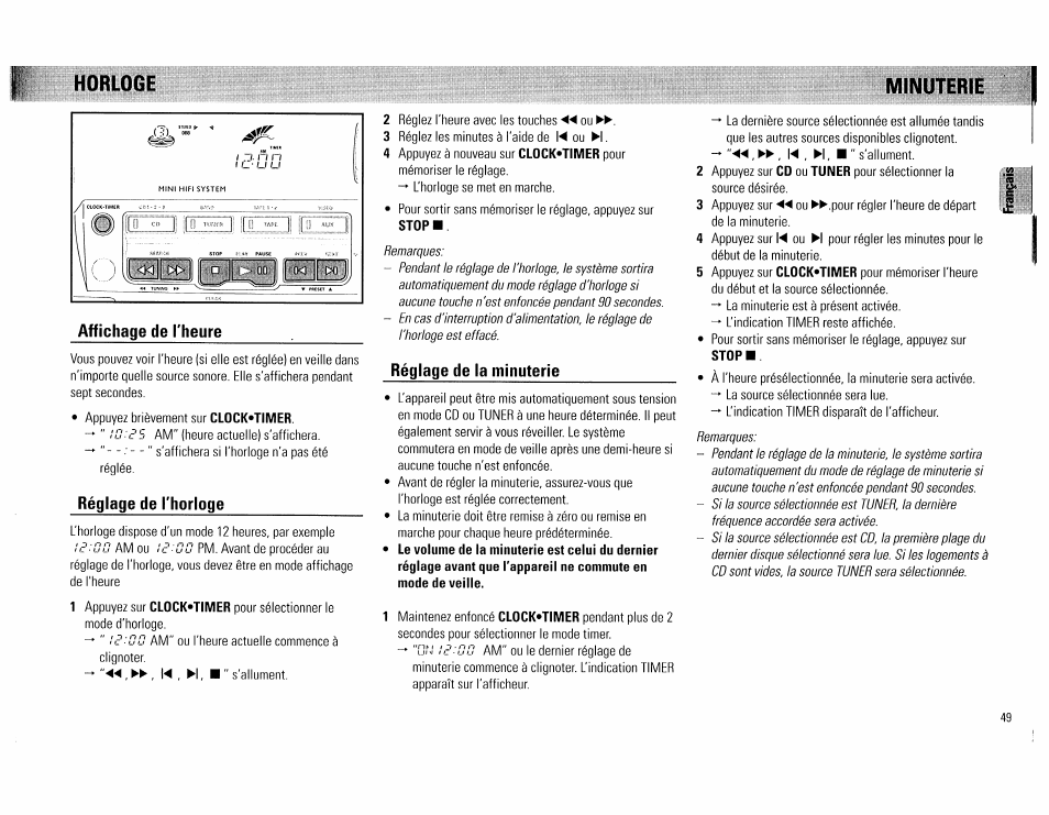 Affichage de l'heure, Réglage de l'horloge, Réglage de la minuterie | Horloge minuterie | Philips FW560C User Manual | Page 49 / 78