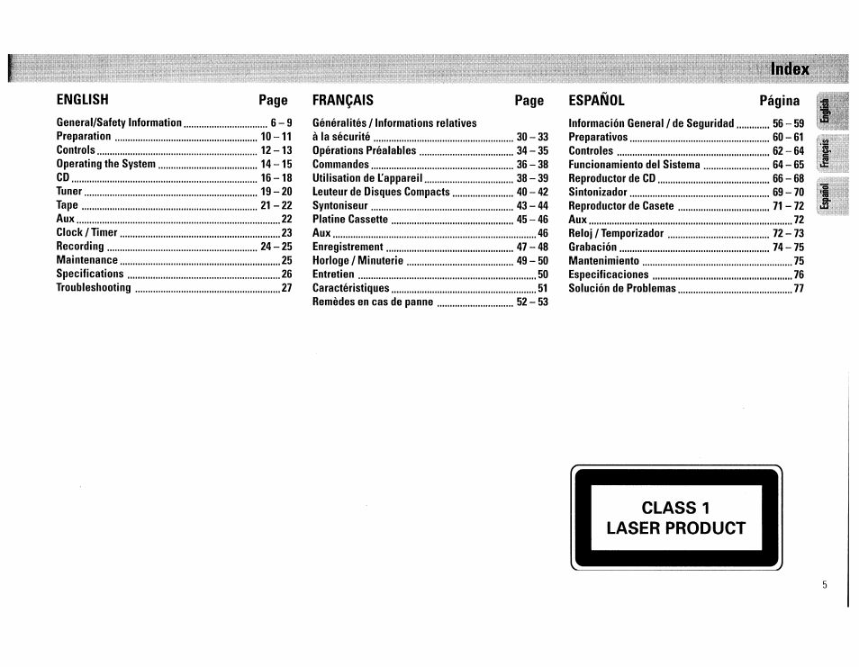 Index | Philips FW560C User Manual | Page 5 / 78