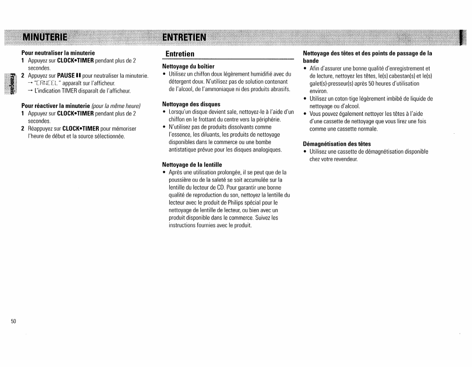 Entretien, Nettoyage des disques, Nettoyage de la lentille | Nettoyage des têtes et des points de passage de la, Démagnétisation des têtes, Minuterie | Philips FW560C User Manual | Page 50 / 78