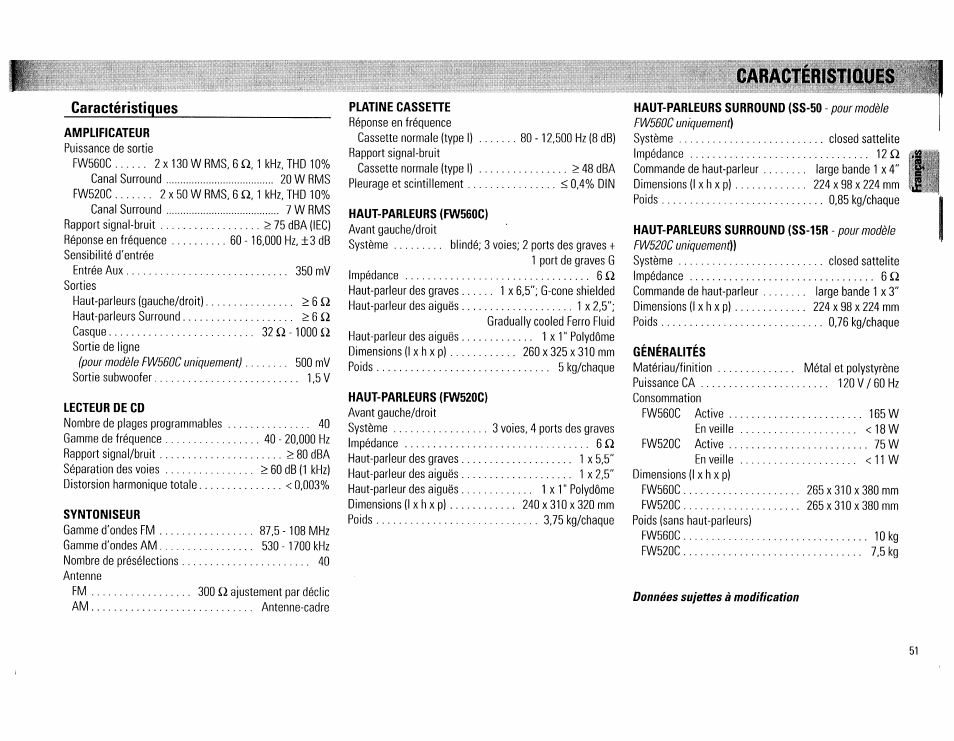 Caractéristiques | Philips FW560C User Manual | Page 51 / 78