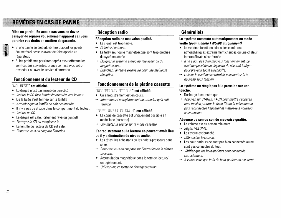 Fonctionnement du lecteur de cd, Fæ sigc" est affiché, Réception radio | Généralités, Fonctionnement de la platine cassette, Remèdes en cas de panne | Philips FW560C User Manual | Page 52 / 78