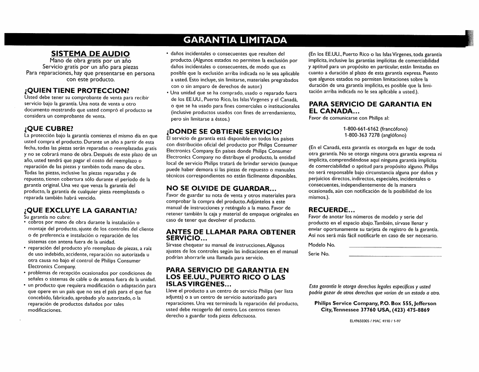 Quien tiene proteccion, Que cubre, Ique excluye la garantia | Donde se obtiene servicio, No se olvide de guardar, Antes de llamar para obtener servicio, Para servicio de garantia en el canada, Recuerde, Garantia limitada, Sistema de audio | Philips FW560C User Manual | Page 58 / 78