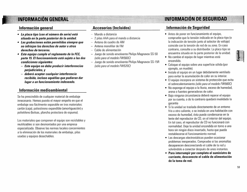 Información general, Información de seguridad | Philips FW560C User Manual | Page 59 / 78