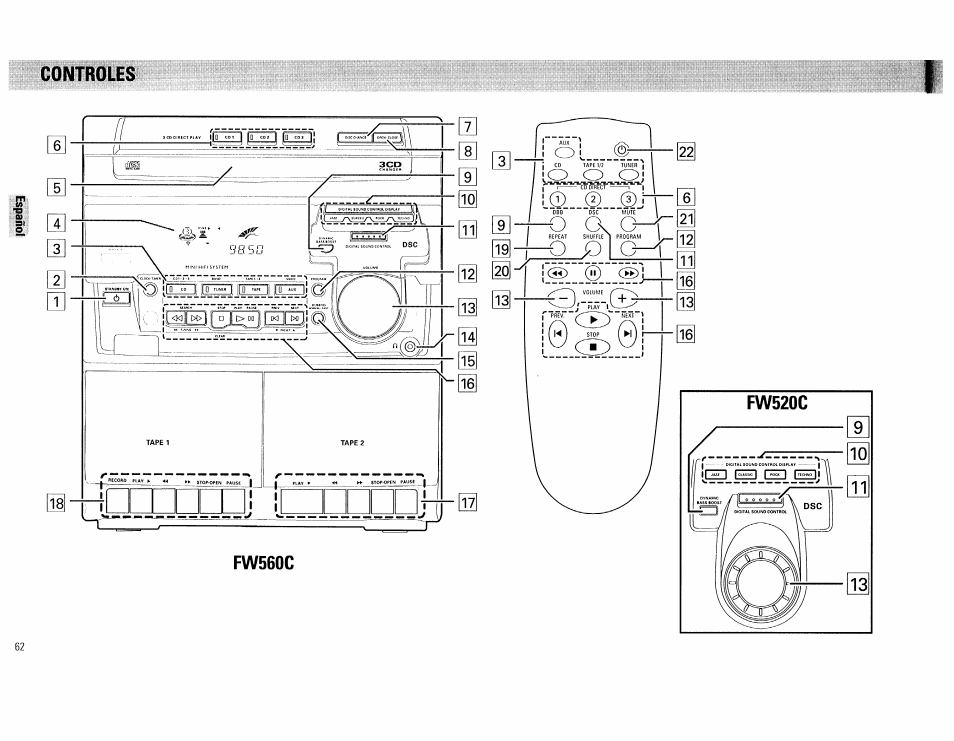 Controles, Fw560c | Philips FW560C User Manual | Page 62 / 78