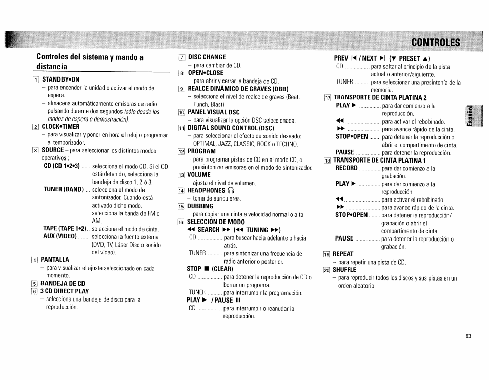 Disc change, Open-close, Realce dinámico de graves (dbb) | Panel visual dsc, Program, Volume, Headphones (¡7, Dubbing, Search ►► (<<<í tuning ►►), Stop ■ (clear) | Philips FW560C User Manual | Page 63 / 78