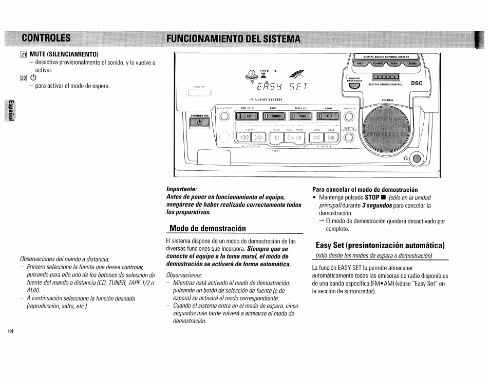 Mute (silenciamientol, Modo de demostración, Para cancelar el modo de demostración | Easy set (presintonización automática), Controles funcionamiento del sistema | Philips FW560C User Manual | Page 64 / 78