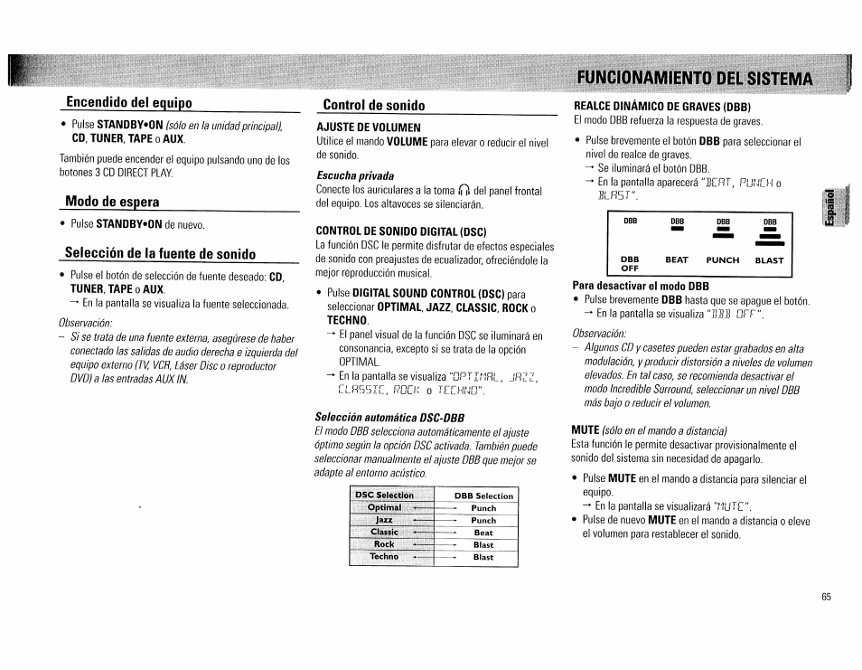 Encendido del equipo, Modo de espera, Selección de la fuente de sonido | Control de sonido, Ajuste de volumen, Control de sonido digital (dsc), Realce dinámico de graves (dbb), Para desactivar el modo dbb, Funcionamiento del sistema | Philips FW560C User Manual | Page 65 / 78