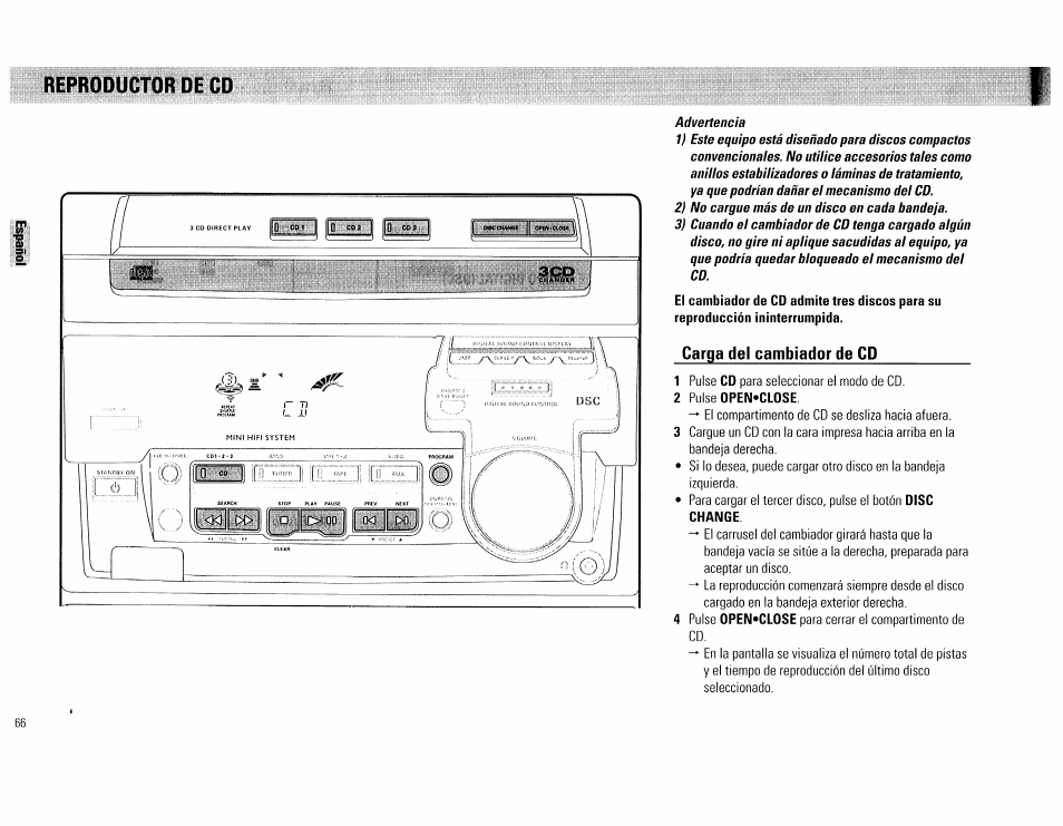 Carga del cambiador de cd, Reproductor de cd | Philips FW560C User Manual | Page 66 / 78