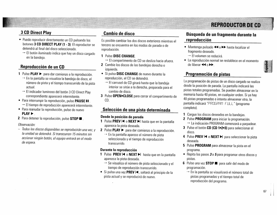 3 cd direct play, Reproducción de un cd, Cambio de disco | 1 pulse disc chande, Selección de una pista determinada, Búsqueda de un fragmento durante la reproducción, Programación de pistas, Reproductor de cd | Philips FW560C User Manual | Page 67 / 78