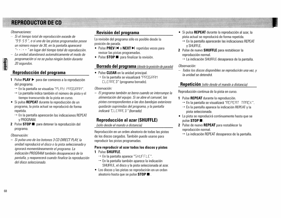 Reproducción del programa, Revisión del programa, Reproducción al azar (shuffle) | Reproductor de cd, Plry pp | Philips FW560C User Manual | Page 68 / 78