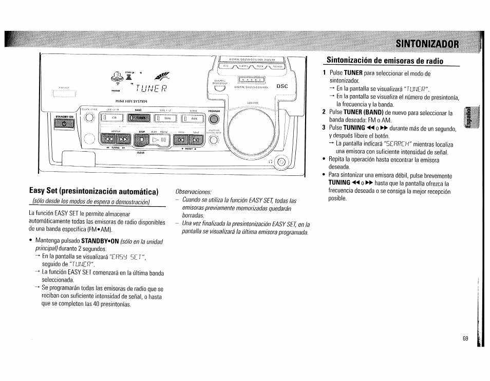 Easy set (presintonización automática), Sintonización de emisoras de radio, Sintonizador | Philips FW560C User Manual | Page 69 / 78