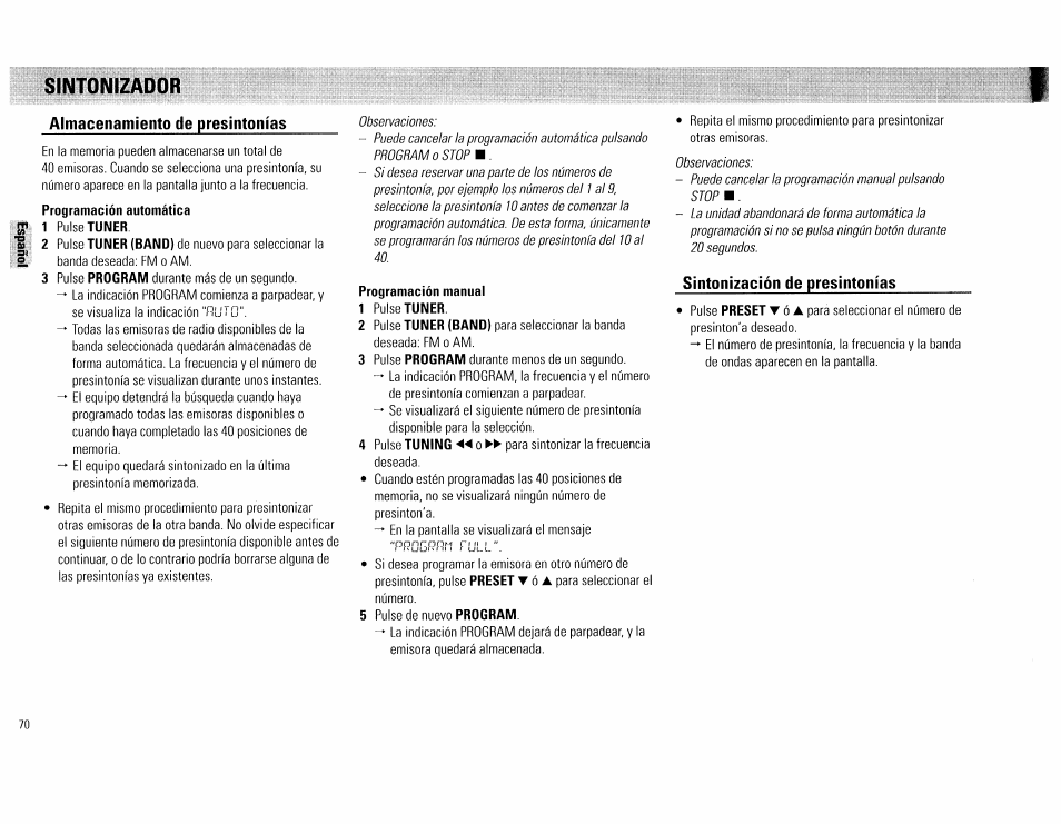 Programación automática pulse tuner, Programación manual, Sintonizador | Philips FW560C User Manual | Page 70 / 78