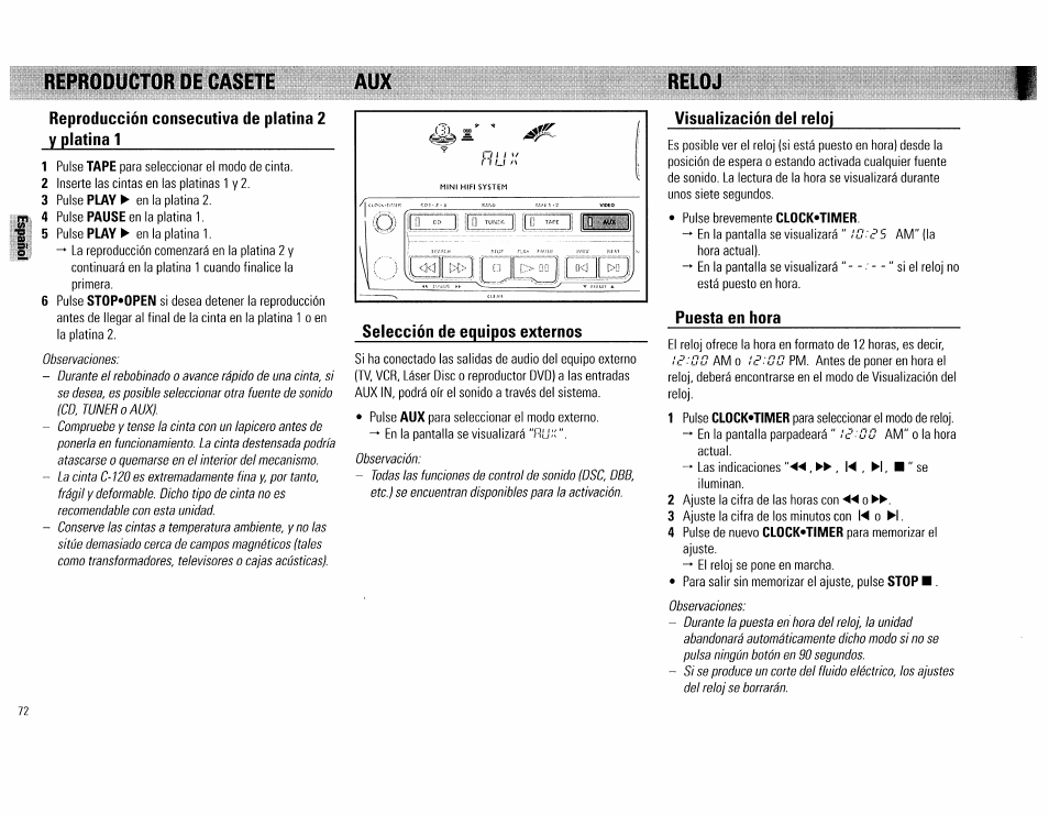 Reproducción consecutiva de platina 2 v platina 1, Puesta en hora, Reproductor de casete aux | Reloj | Philips FW560C User Manual | Page 72 / 78