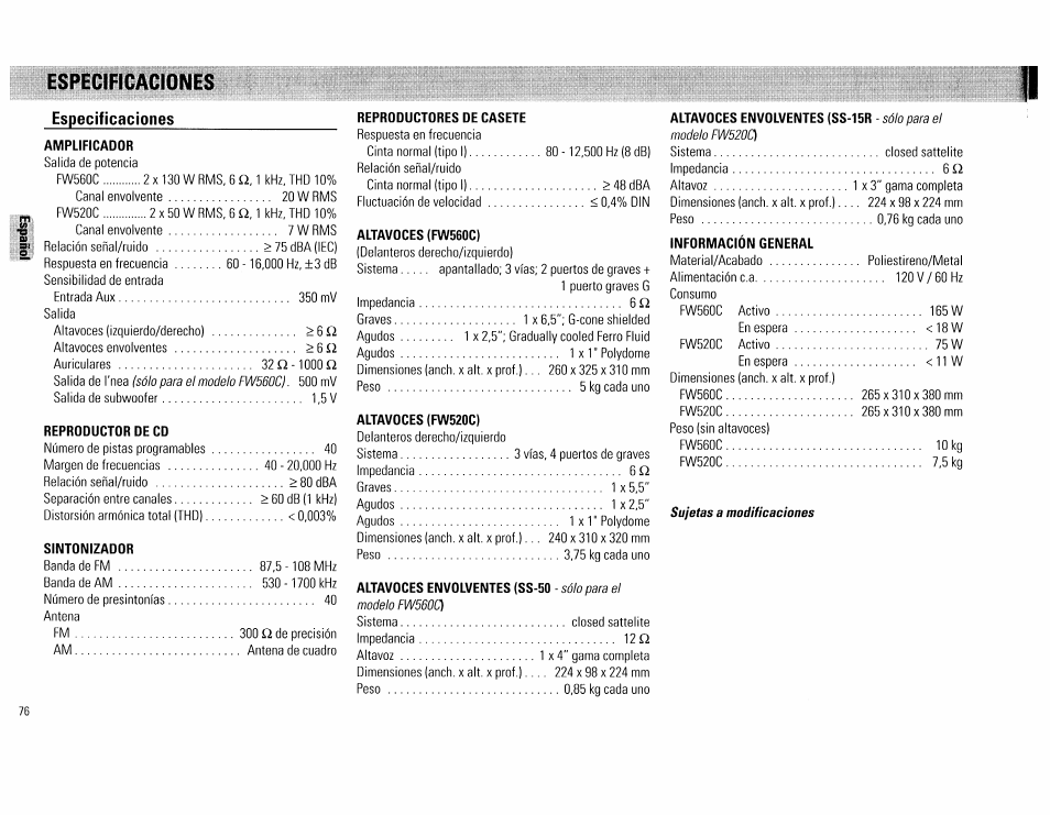 Especificaciones | Philips FW560C User Manual | Page 76 / 78