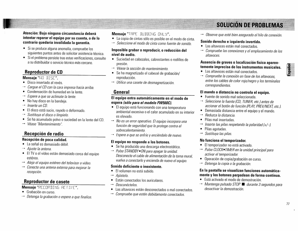 Solución de problemas | Philips FW560C User Manual | Page 77 / 78