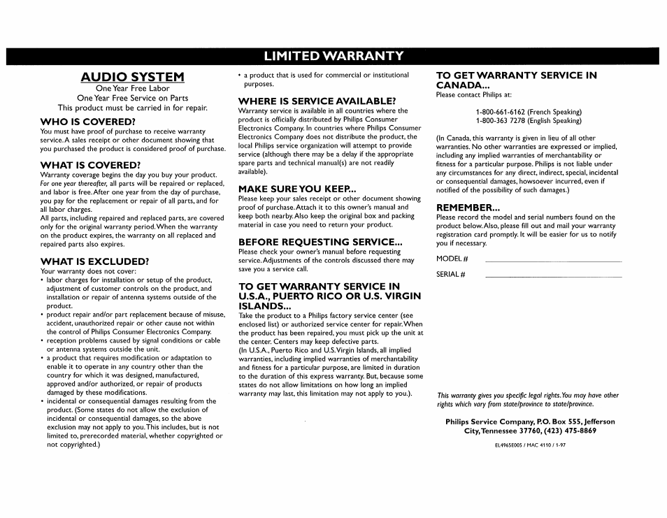 Who is covered, What is covered, What is excluded | Where is service available, Make sureyou keer, Before requesting service, To get warranty service in canada, Remember | Philips FW560C User Manual | Page 8 / 78