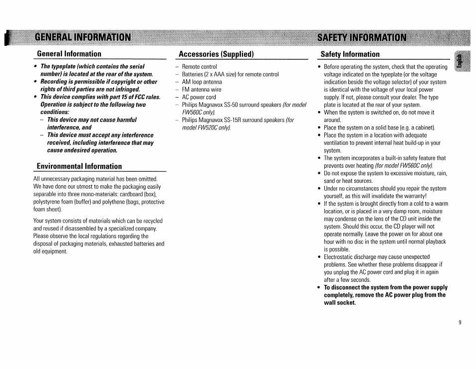 General information, Environmental information, Safety information | General/safety information -9 | Philips FW560C User Manual | Page 9 / 78