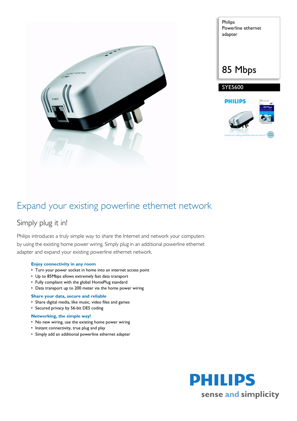 Philips Powerline Ethernet Adapter SYE5600 User Manual | 2 pages