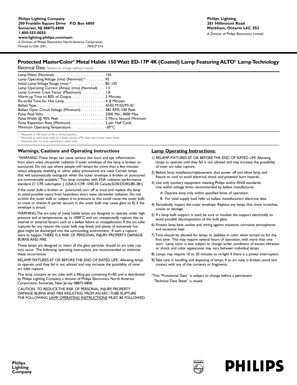 Protected mastercolor, Lamp technology, Electrical data | Warnings, cautions and operating instructions, Lamp operating instructions | Philips MasterColor 377200 User Manual | Page 2 / 2