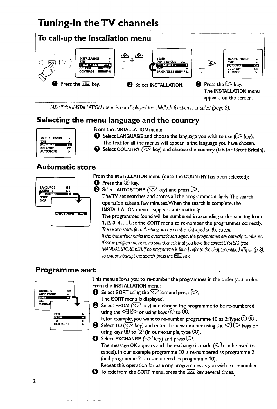 Tuning-in the tv channels, Selecting the menu language and the country, Automatic | Programme sort | Philips 17PT1563 User Manual | Page 4 / 12