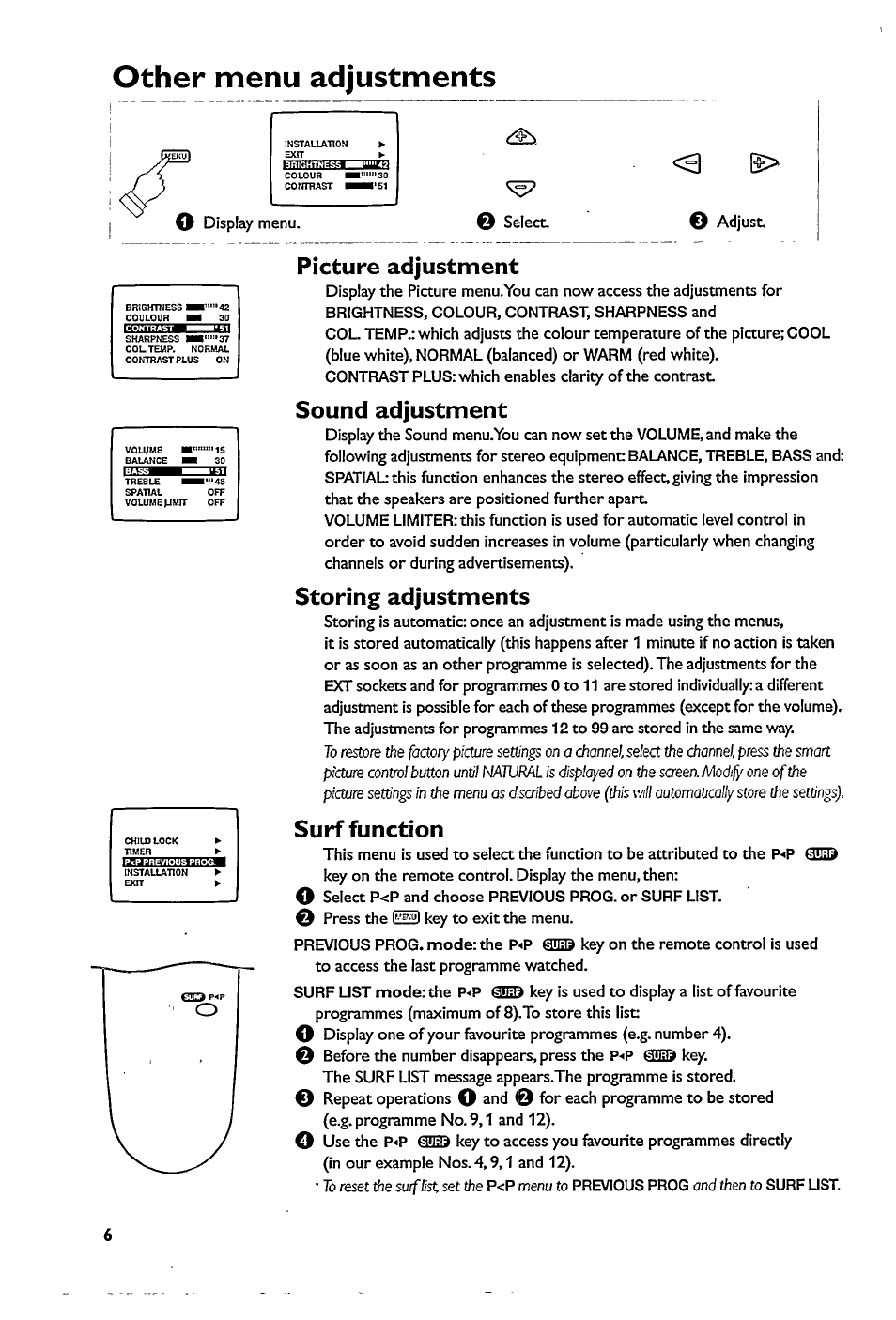 Other menu adjustments, Picture adjustment, Sound adjustment | Storing adjustments, Surf function | Philips 17PT1563 User Manual | Page 8 / 12