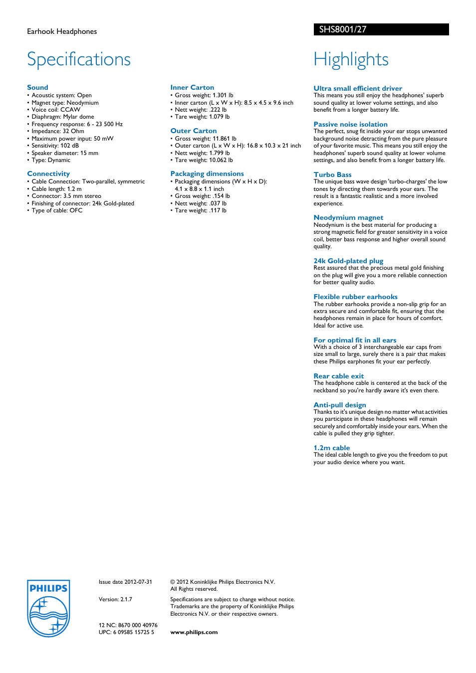 Specifications, Highlights | Philips SHS8001 User Manual | Page 2 / 2