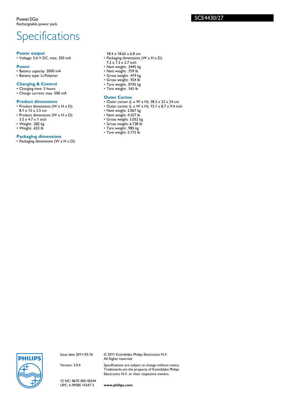 Specifications | Philips SCE4430 User Manual | Page 2 / 2