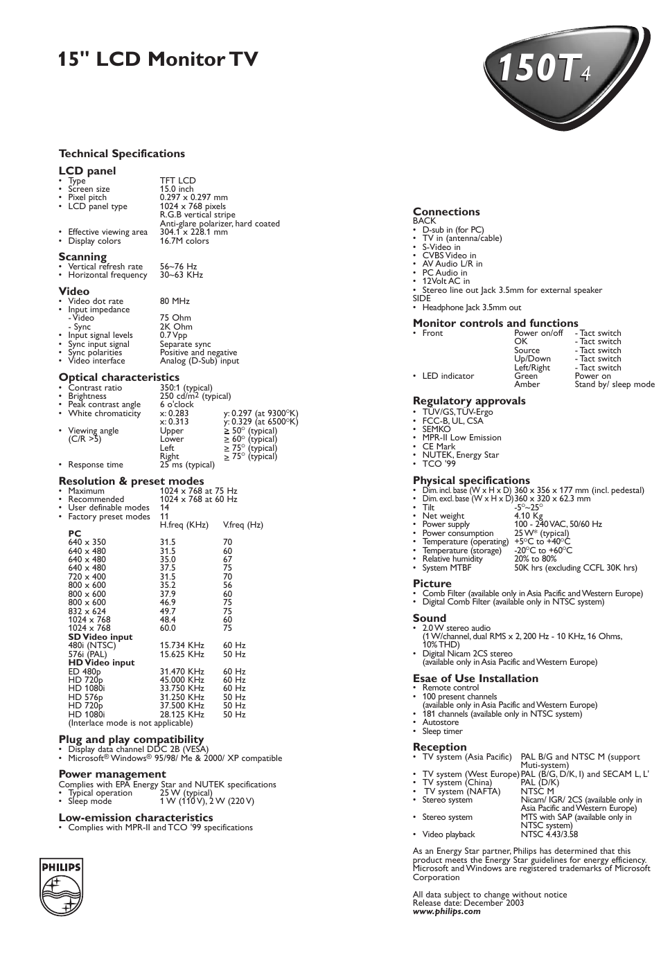 150t, 415" lcd monitor tv | Philips 150T User Manual | Page 2 / 2