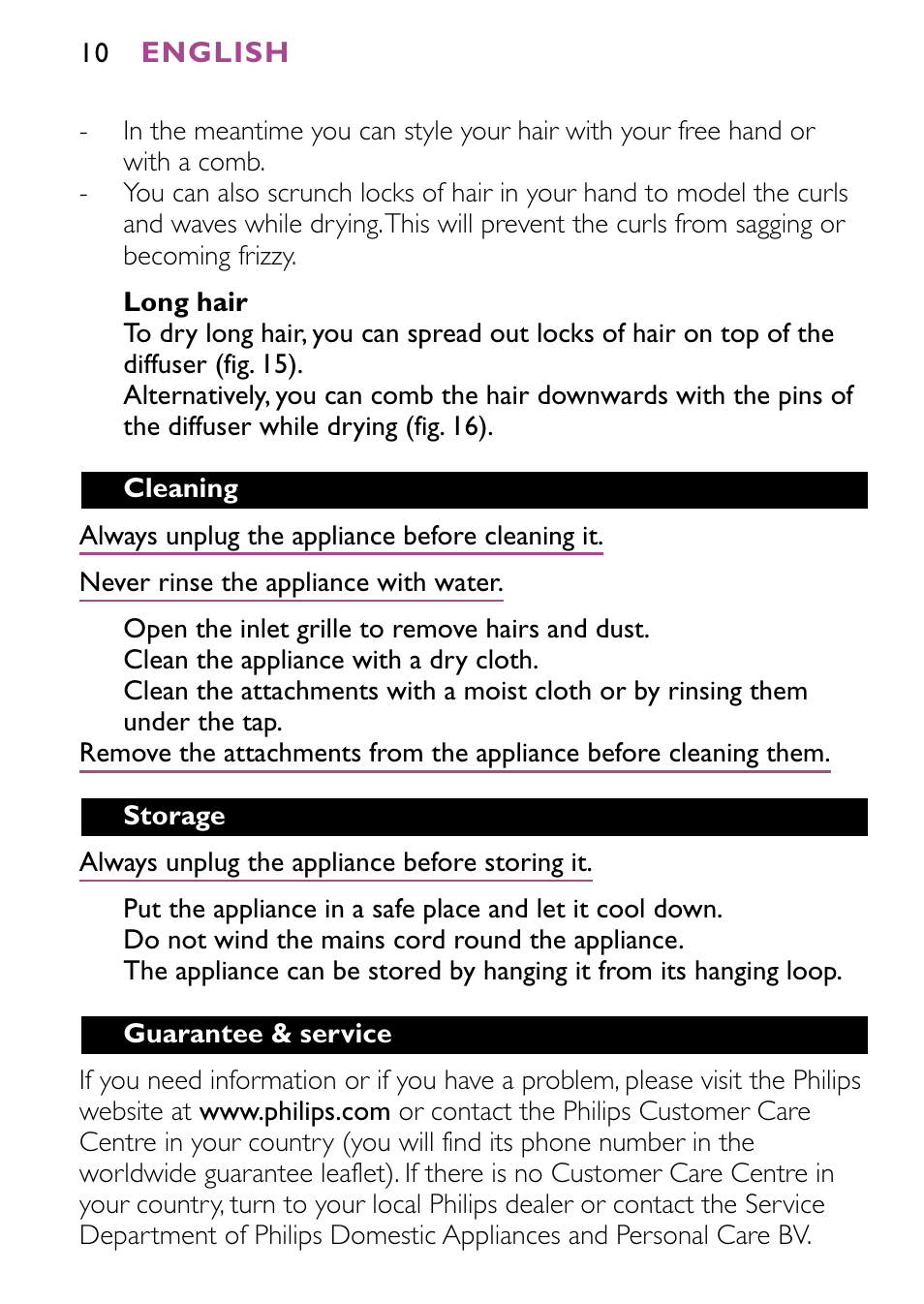 Philips JETSET CONTROL ION HP4882 User Manual | Page 10 / 88