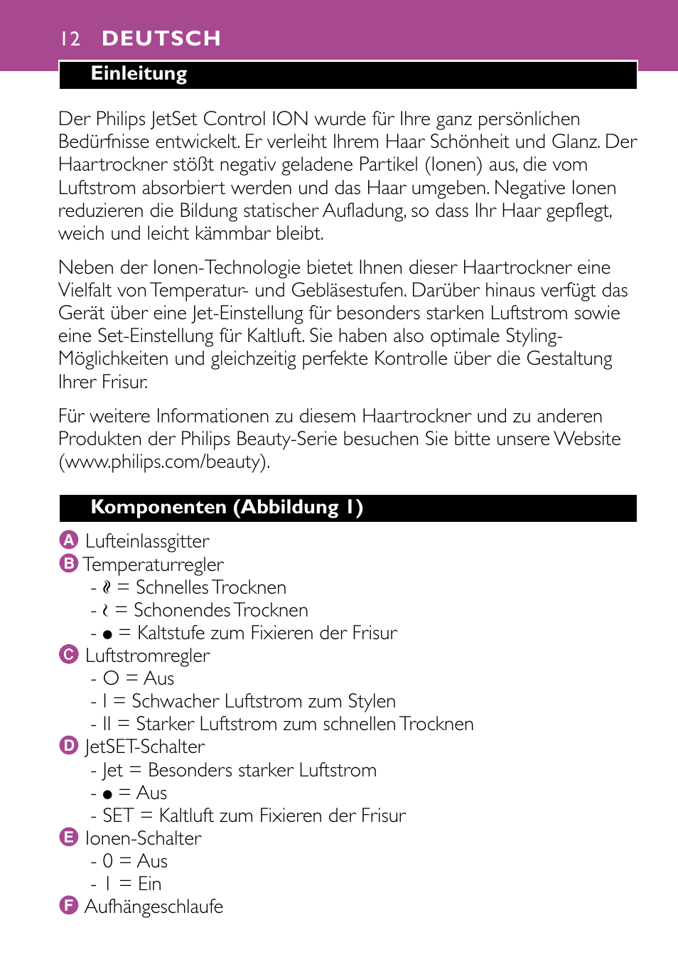 Deutsch 12 | Philips JETSET CONTROL ION HP4882 User Manual | Page 12 / 88