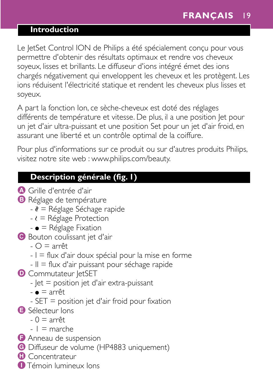 Français 19 | Philips JETSET CONTROL ION HP4882 User Manual | Page 19 / 88