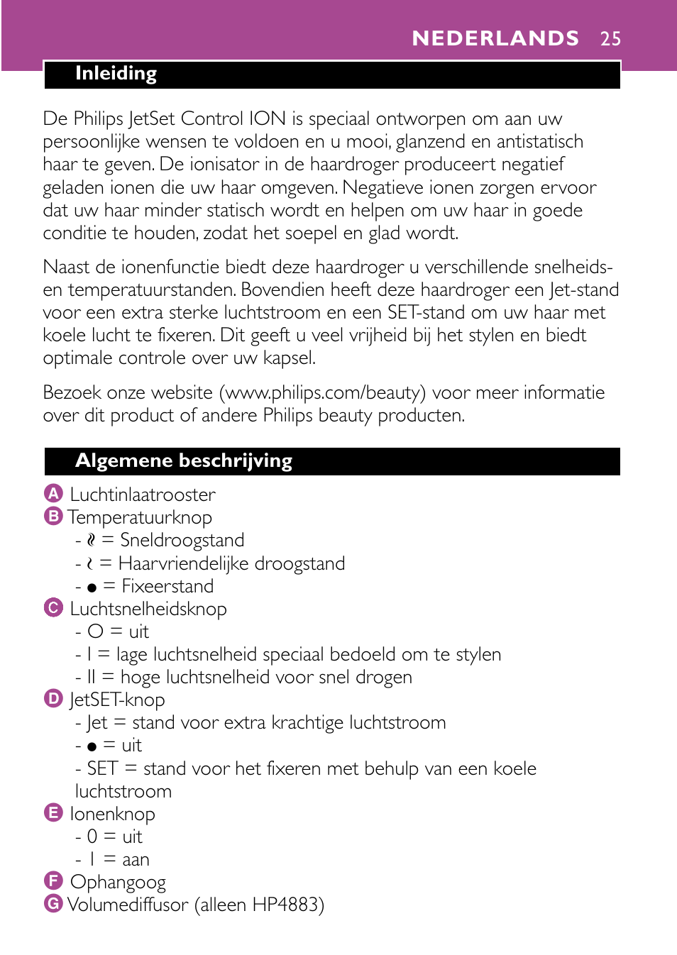 Nederlands 25 | Philips JETSET CONTROL ION HP4882 User Manual | Page 25 / 88