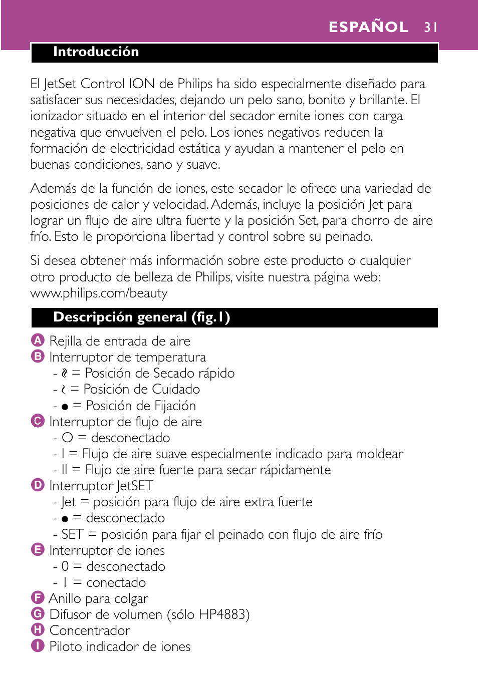 Español 31 | Philips JETSET CONTROL ION HP4882 User Manual | Page 31 / 88