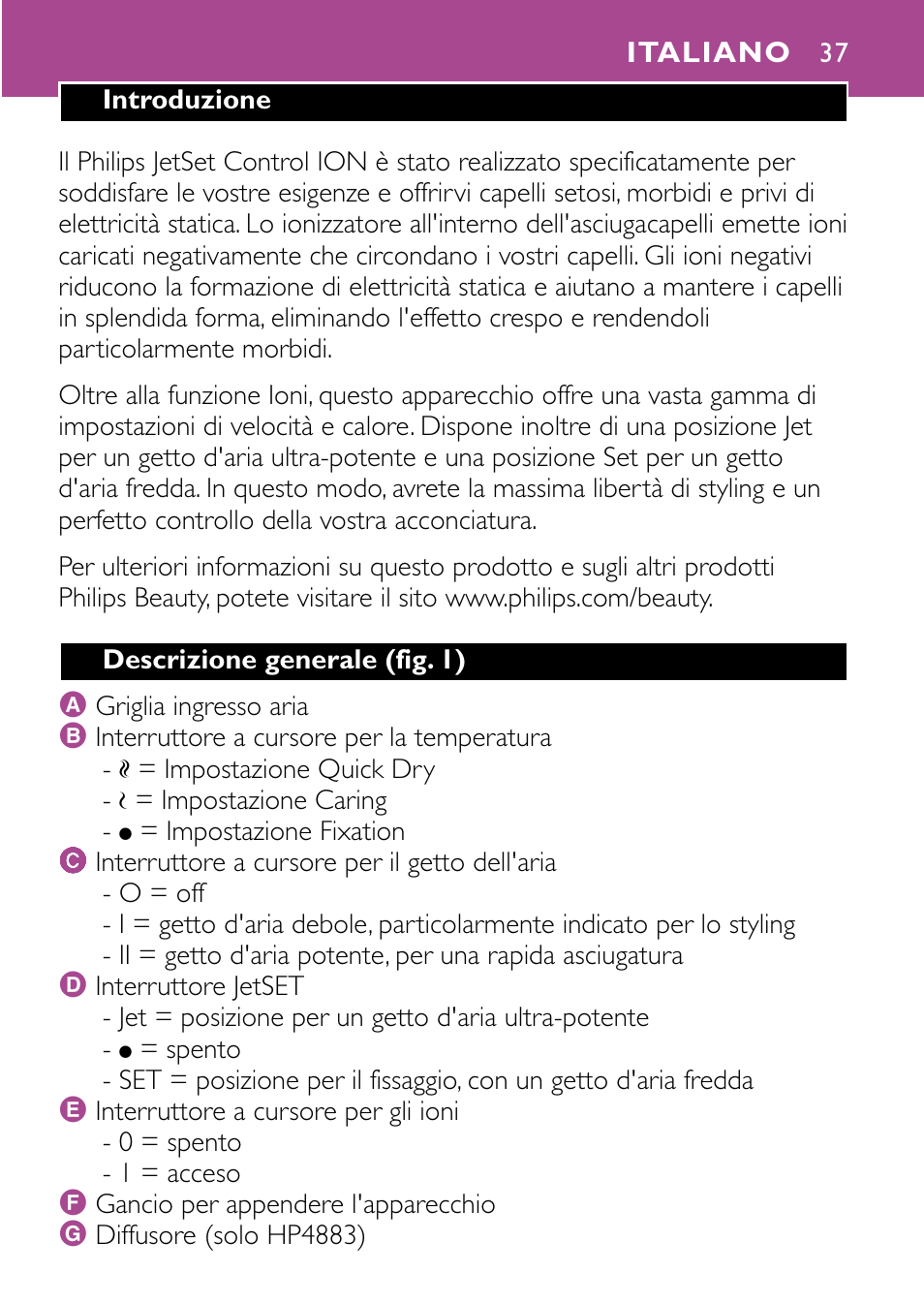 Italiano 37 | Philips JETSET CONTROL ION HP4882 User Manual | Page 37 / 88