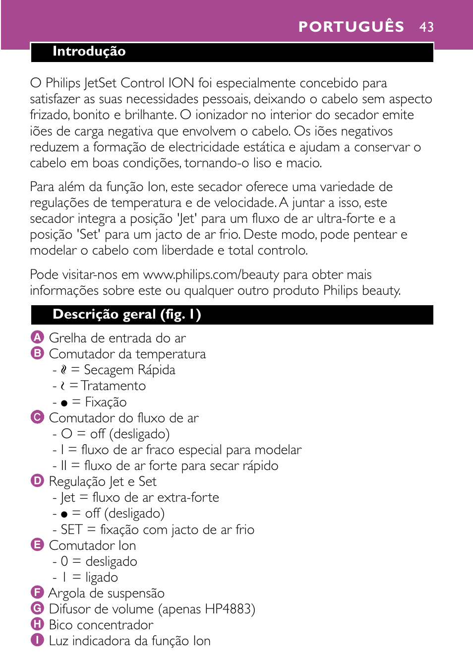 Português 43 | Philips JETSET CONTROL ION HP4882 User Manual | Page 43 / 88