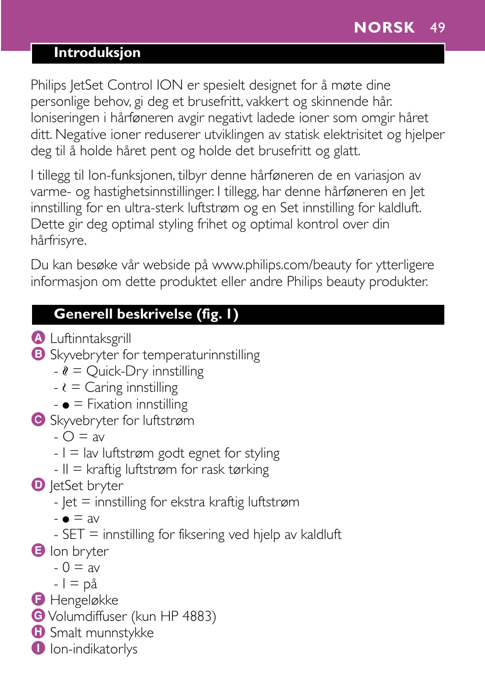 Norsk 49 | Philips JETSET CONTROL ION HP4882 User Manual | Page 49 / 88