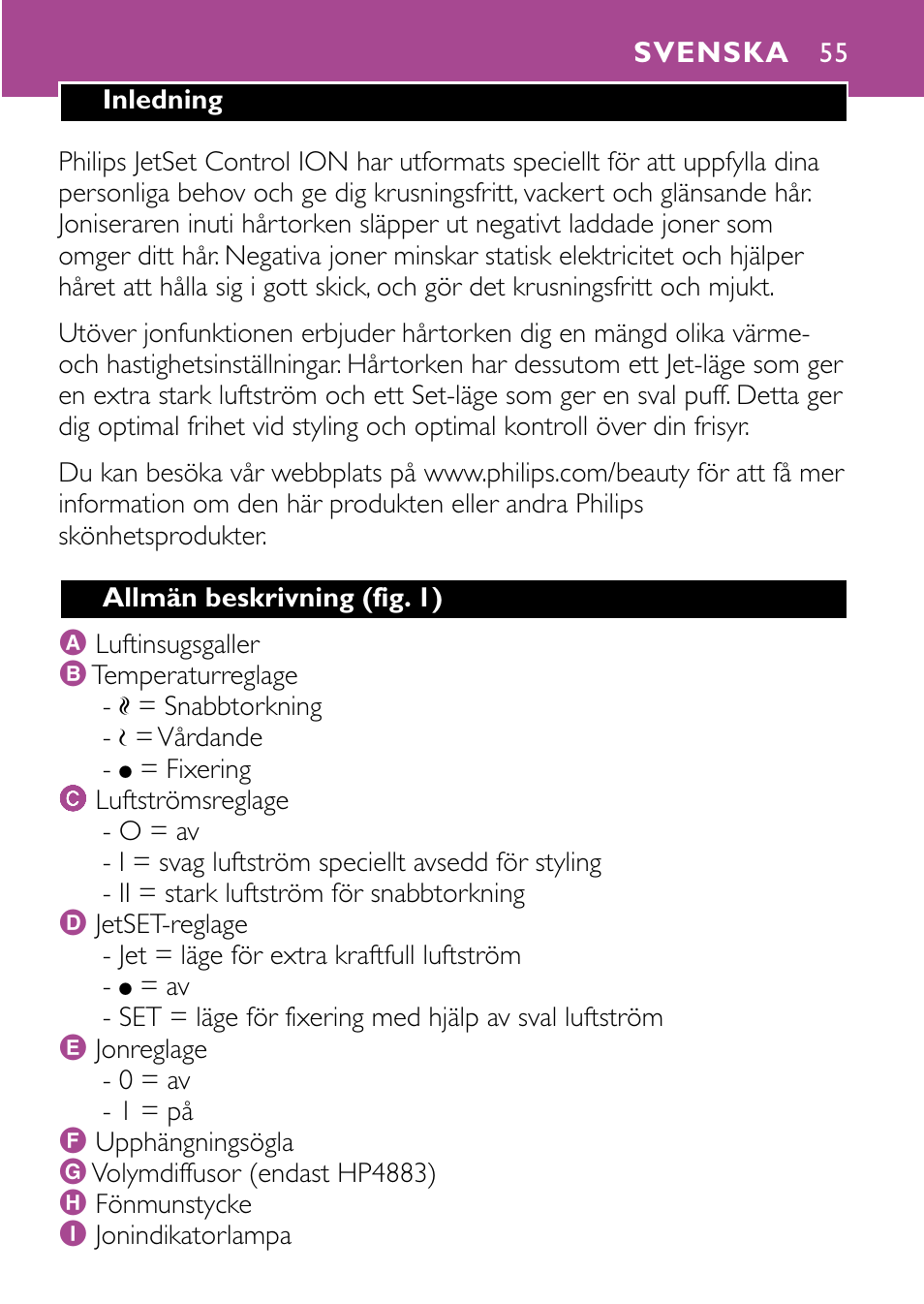 Svenska 55 | Philips JETSET CONTROL ION HP4882 User Manual | Page 55 / 88