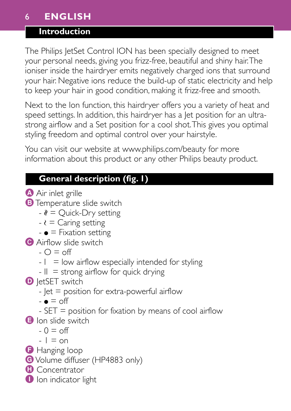 English 6 | Philips JETSET CONTROL ION HP4882 User Manual | Page 6 / 88