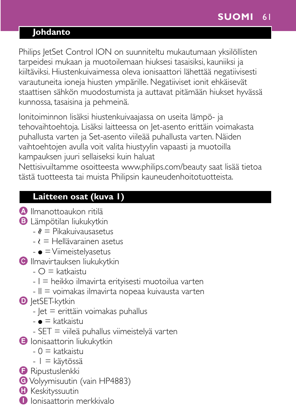 Suomi 61 | Philips JETSET CONTROL ION HP4882 User Manual | Page 61 / 88